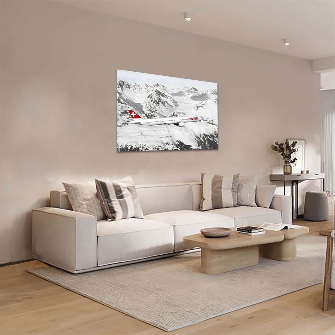 Cuadro Decorativo Avión Suizo en blanco y negro con vivos rojos 90 X 60