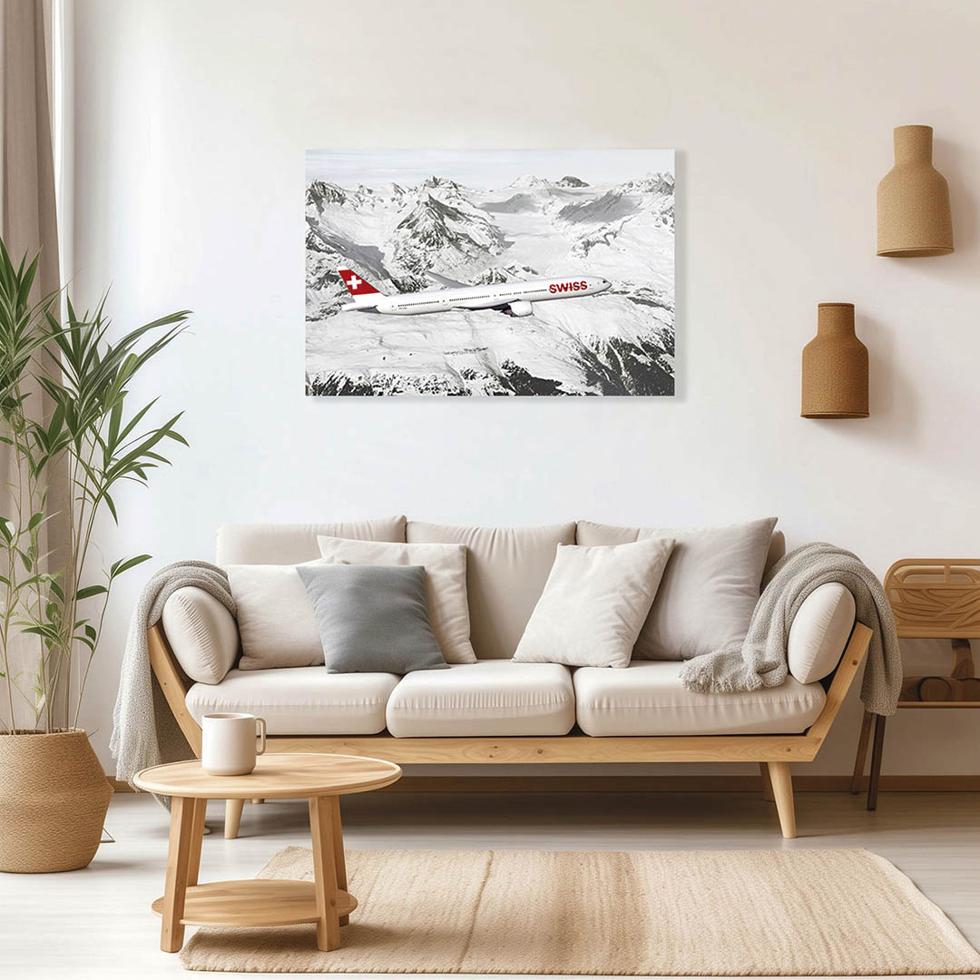 Cuadro Decorativo Avión Suizo en blanco y negro con vivos rojos 90 X 60