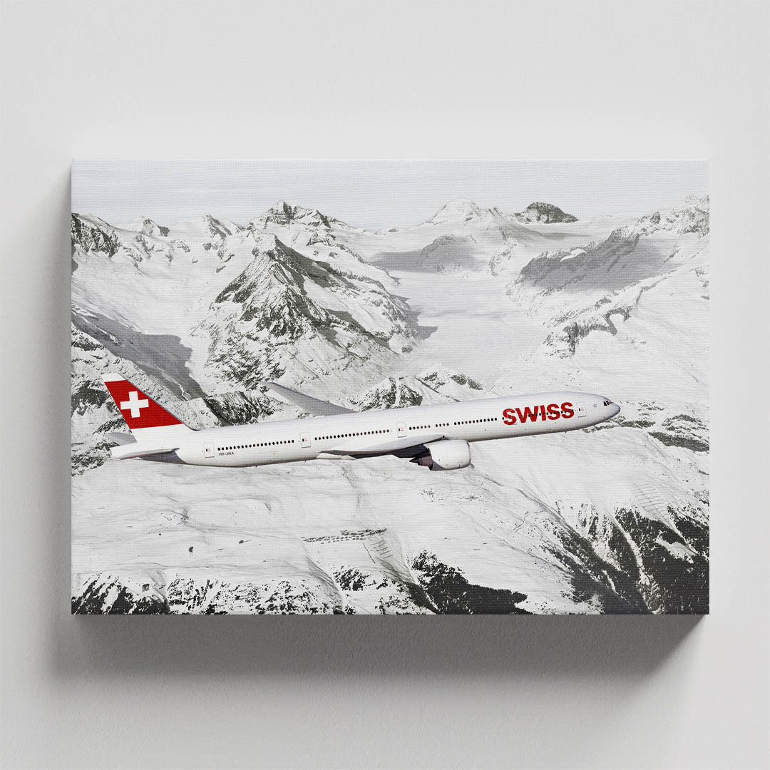 Cuadro Decorativo Avión Suizo en blanco y negro con vivos rojos 90 X 60