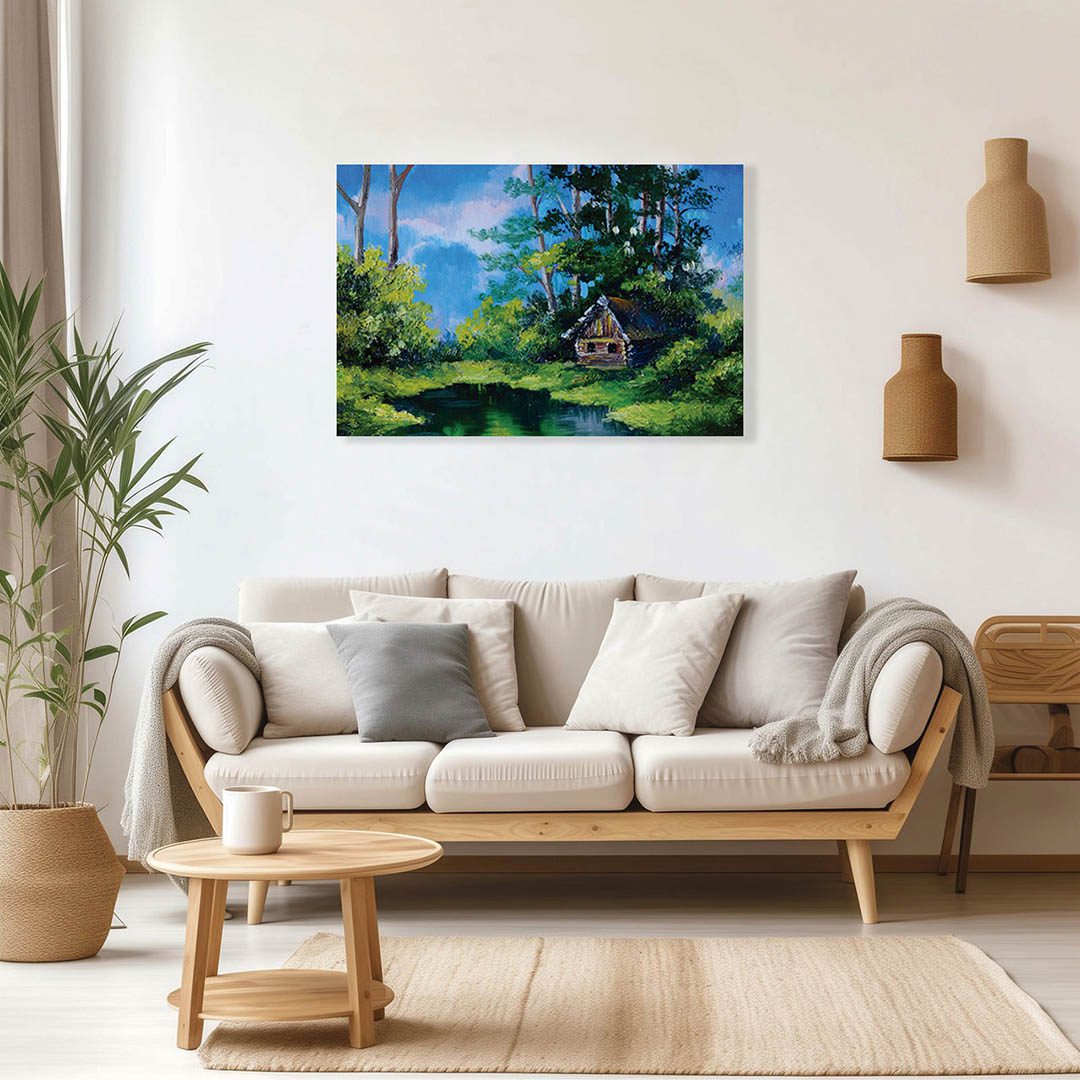 Cuadro Decorativo de Cabaña en el Bosque con Lago Estilo Oleo #12 60 X 40
