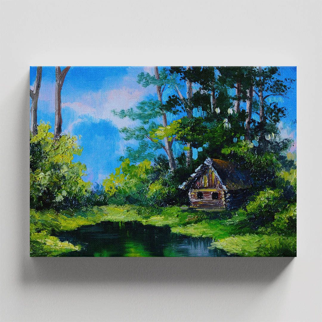 Cuadro Decorativo de Cabaña en el Bosque con Lago Estilo Oleo #12 60 X 40