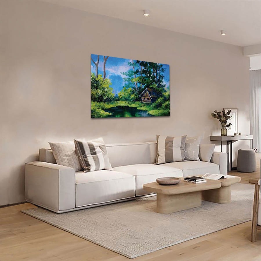 Cuadro Decorativo de Cabaña en el Bosque con Lago Estilo Oleo #12 60 X 40