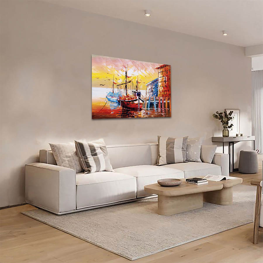 Cuadro Decorativo Barcas en el Atardecer Estilo Oleo #22 60 X 40
