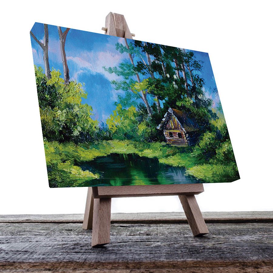 Cuadro Decorativo de Cabaña en el Bosque con Lago Estilo Oleo #12 60 X 40