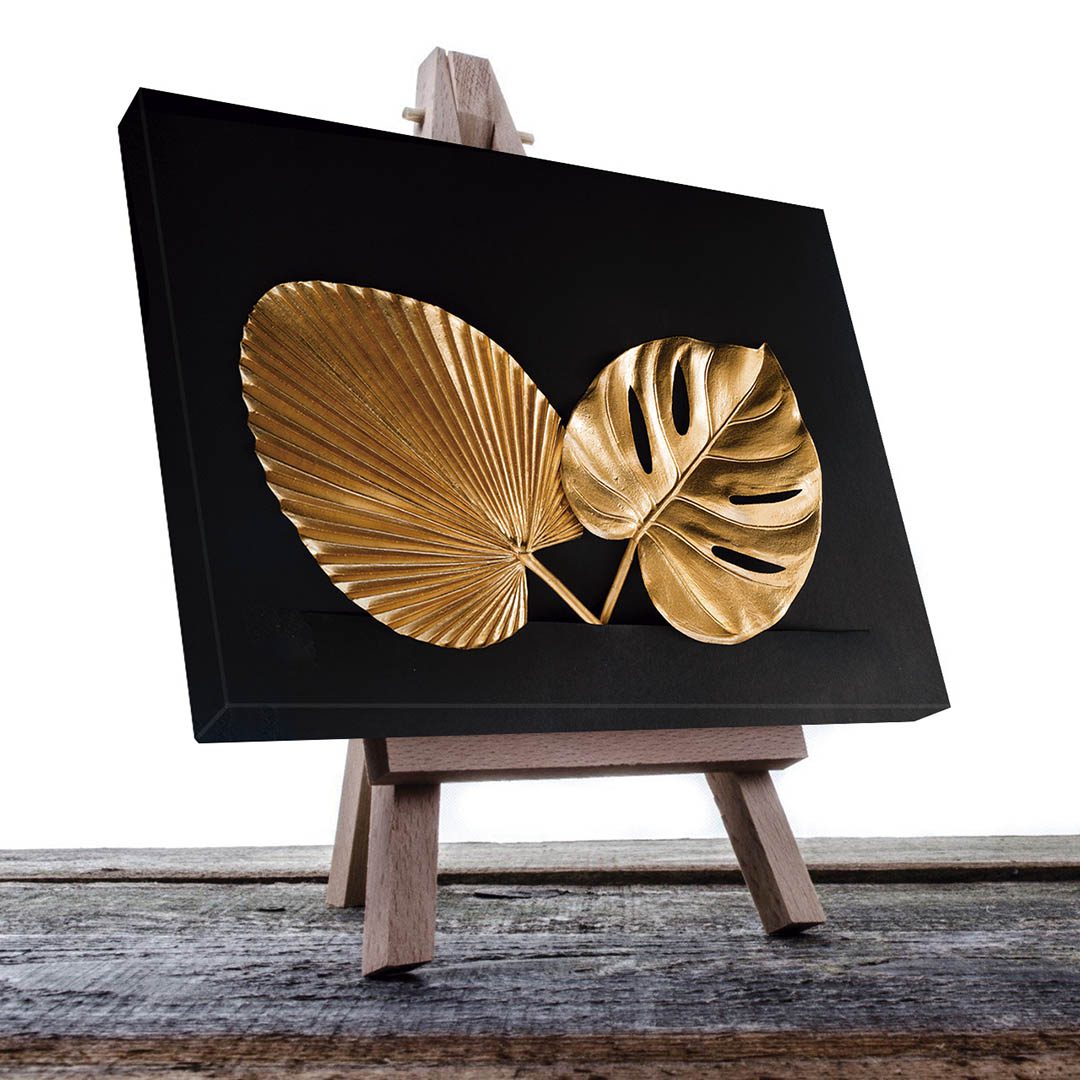 Cuadro Decorativo de Hojas Doradas y Fondo Negro #140 120 X 60
