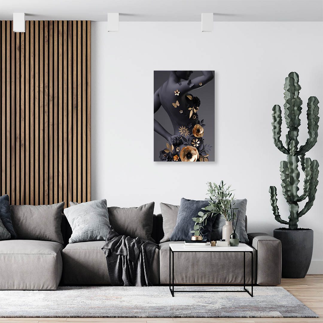 Cuadro Decorativo Mujer y Flores en Dorado Moderno #152 120 X 60