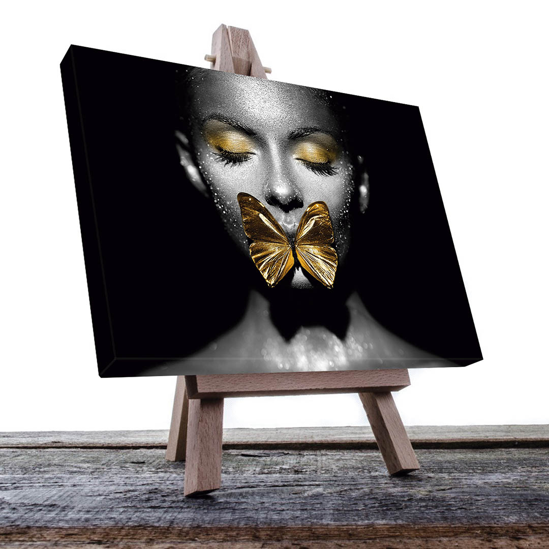 Cuadro Decorativo Rostro de Mujer y Mariposa en Dorado #125 120 X 60