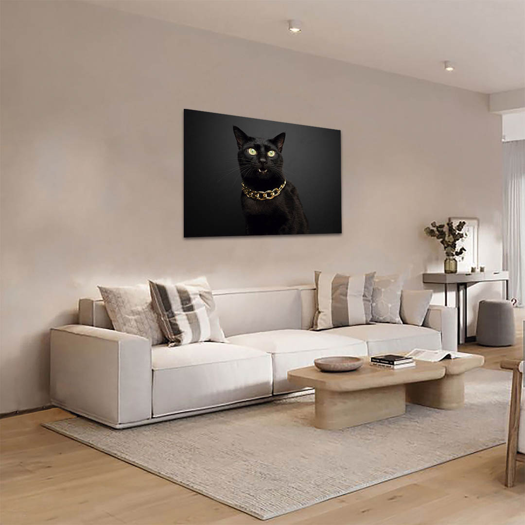 Cuadro Decorativo Gato Negro con collar dorado 120 X 60