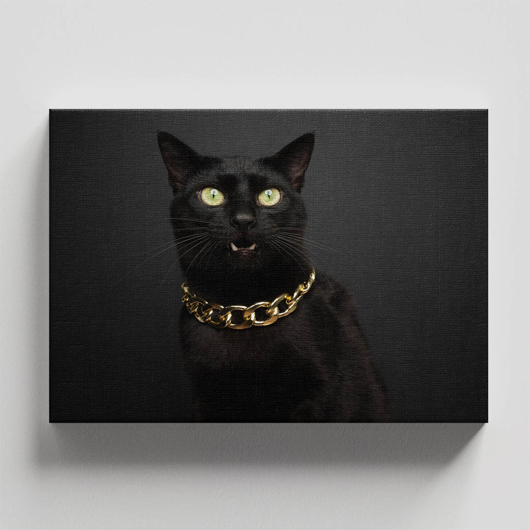 Cuadro Decorativo Gato Negro con collar dorado 120 X 60