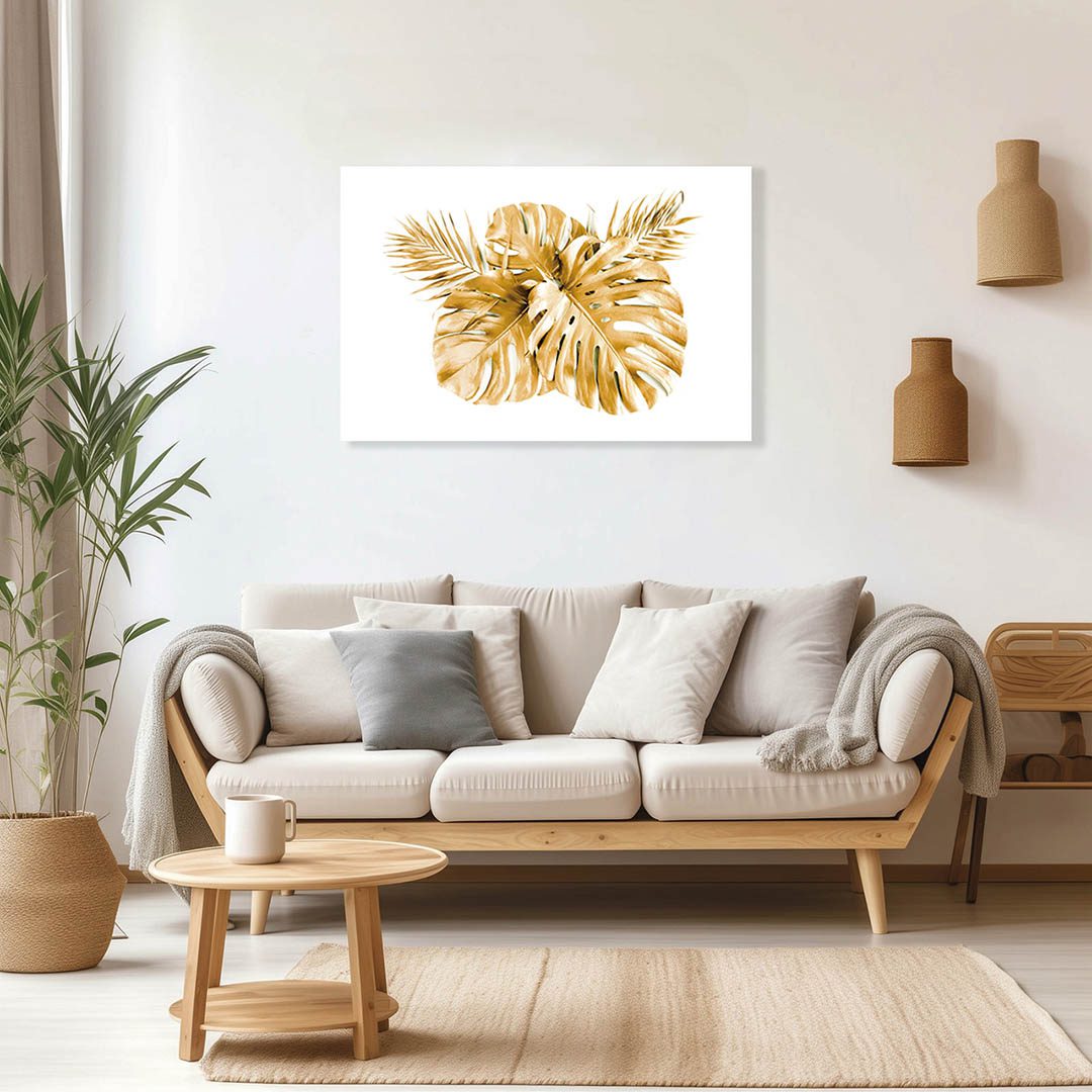 Cuadro Decorativo de Hojas Doradas y Fondo Blanco #149 120 X 60