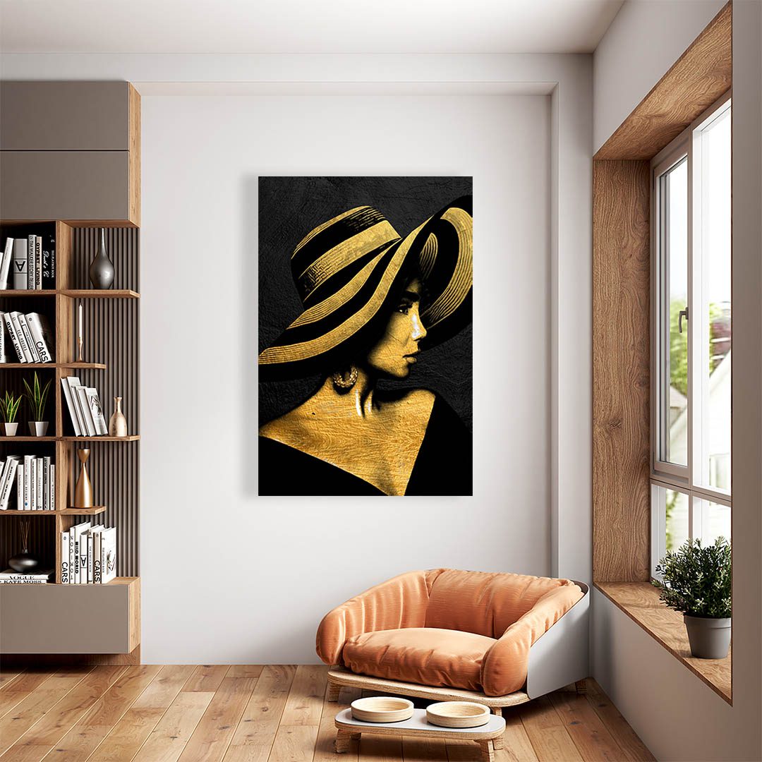 Cuadro Decorativo Mujer con Sombrero en Dorado Moderno #214 120 X 60