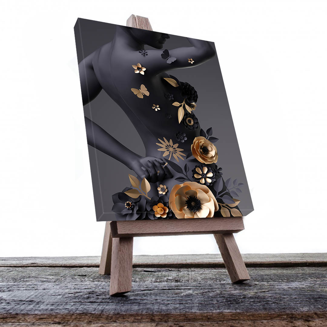 Cuadro Decorativo Mujer y Flores en Dorado Moderno #152 120 X 60