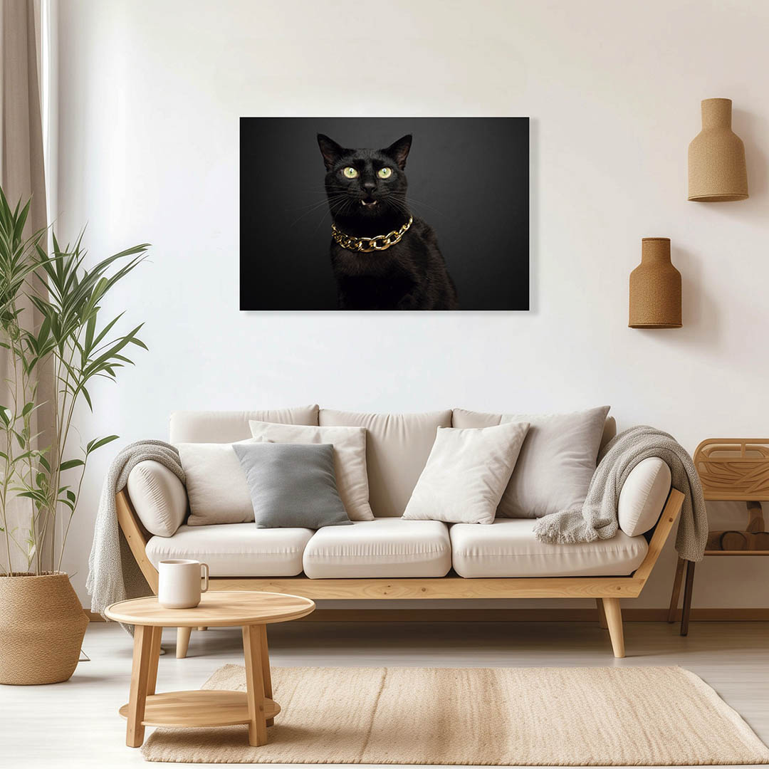 Cuadro Decorativo Gato Negro con collar dorado 120 X 60