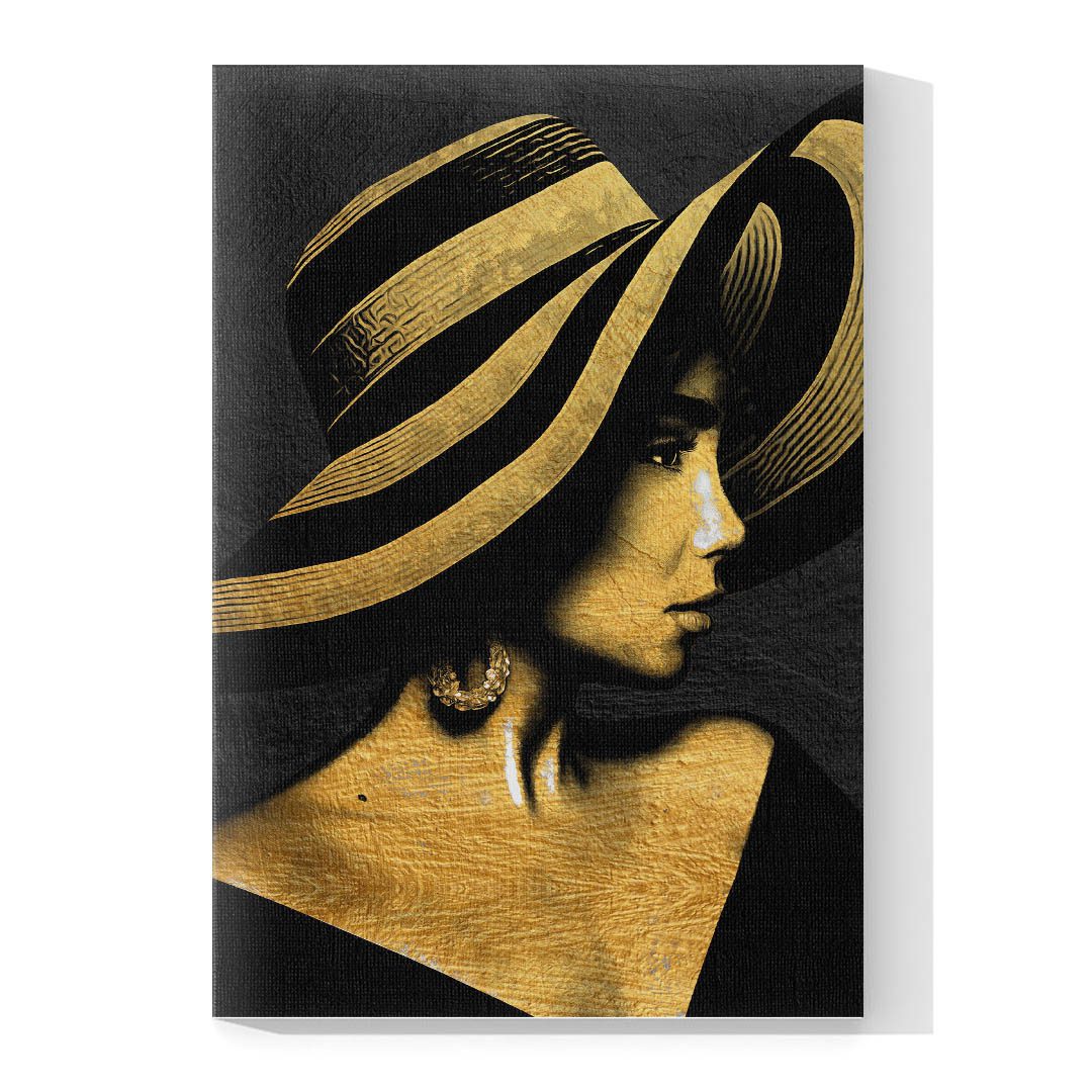Cuadro Decorativo Mujer con Sombrero en Dorado Moderno #214 120 X 60