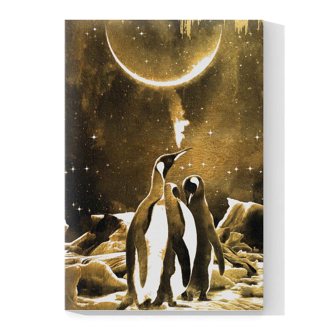 Cuadro Decorativo Pingüinos bajo la luna en Dorados 120 X 60