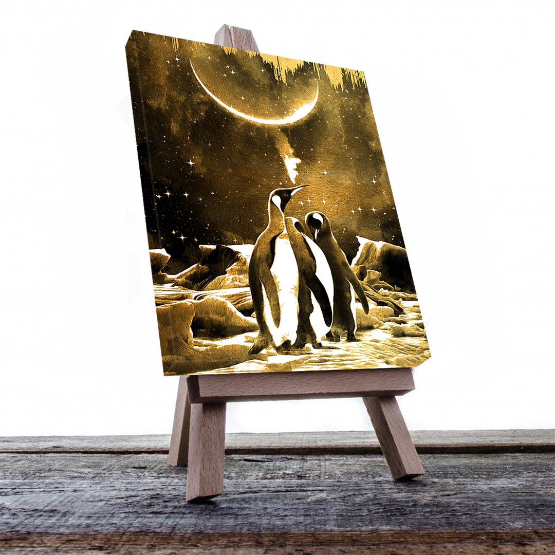 Cuadro Decorativo Pingüinos bajo la luna en Dorados 120 X 60