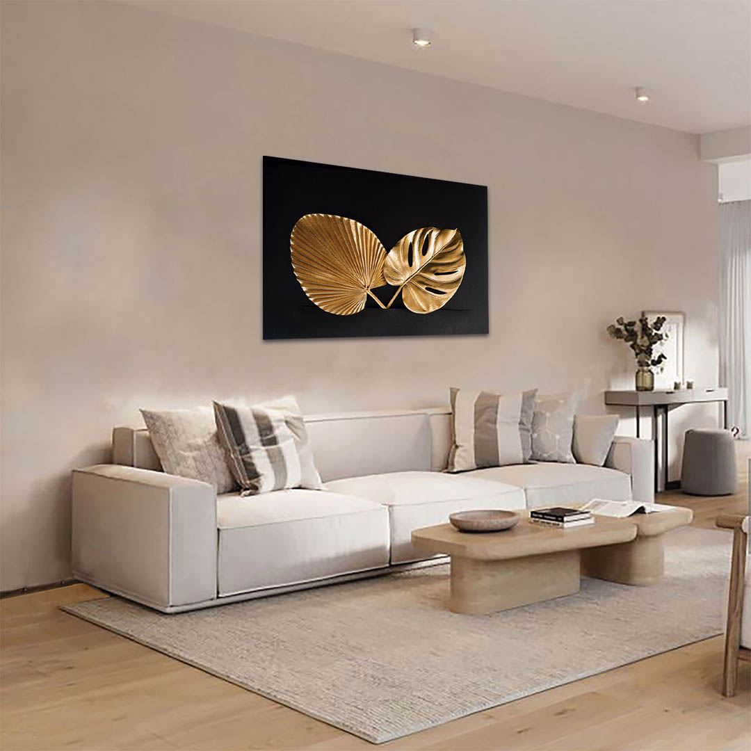 Cuadro Decorativo de Hojas Doradas y Fondo Negro #140 120 X 60