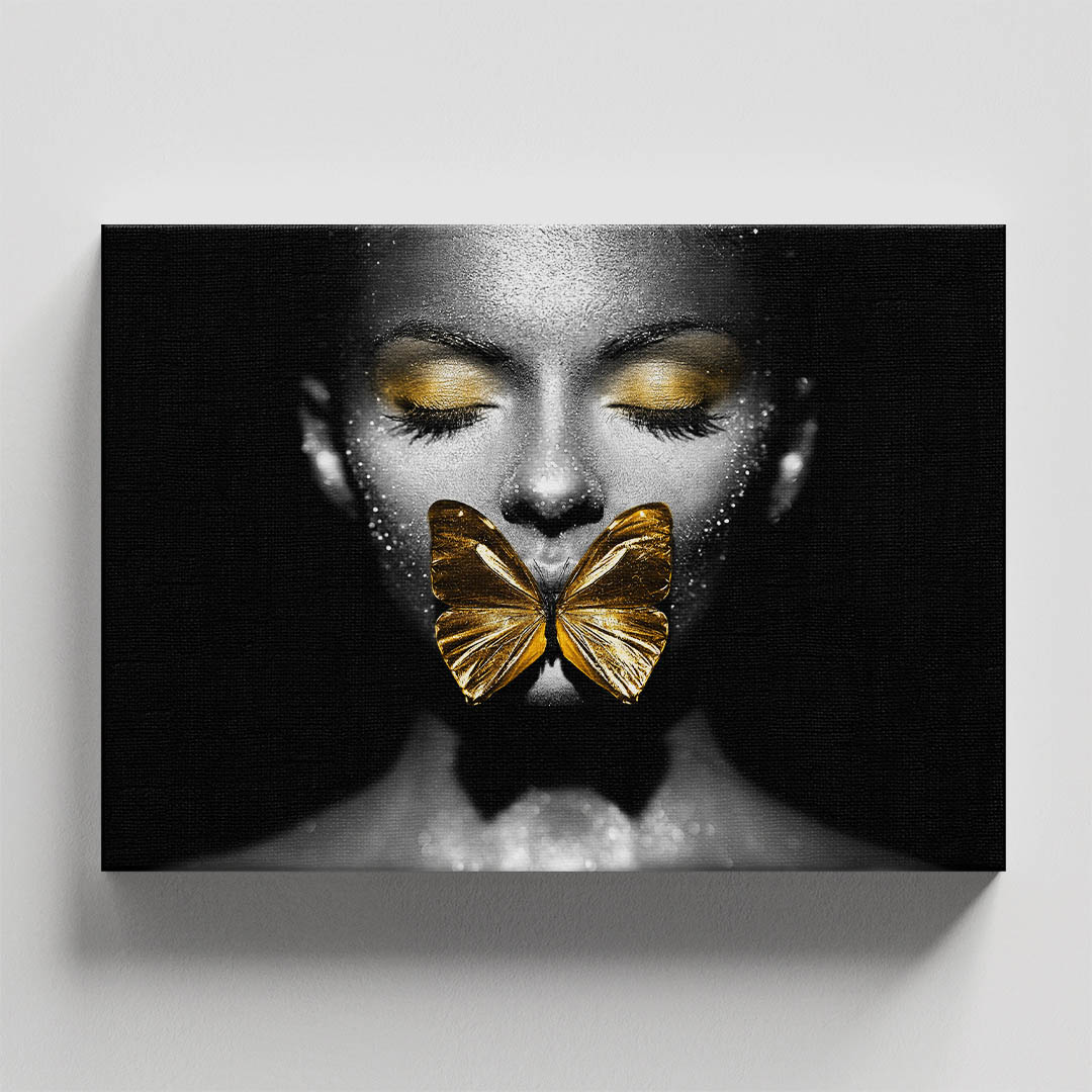 Cuadro Decorativo Rostro de Mujer y Mariposa en Dorado #125 120 X 60