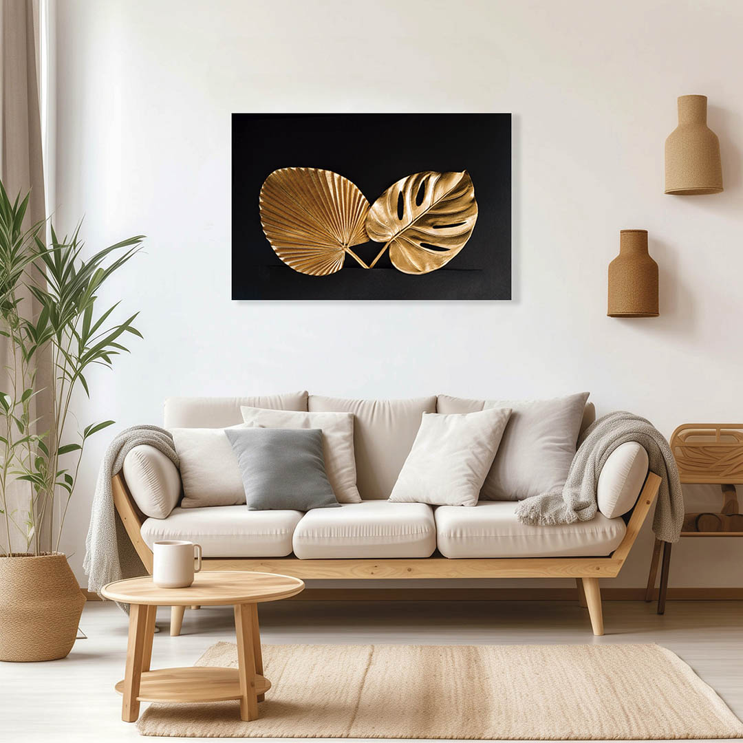 Cuadro Decorativo de Hojas Doradas y Fondo Negro #140 120 X 60