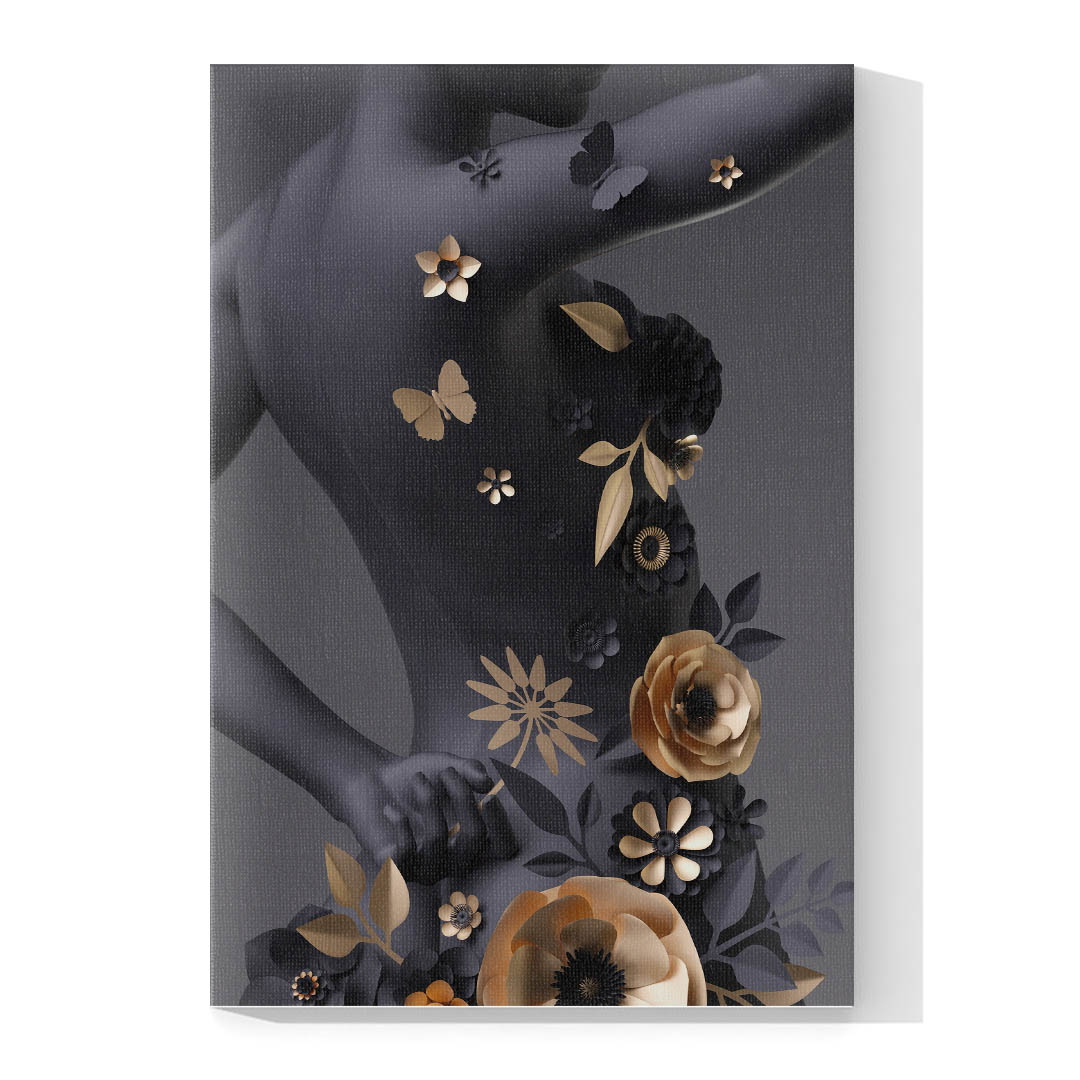 Cuadro Decorativo Mujer y Flores en Dorado Moderno #152 120 X 60