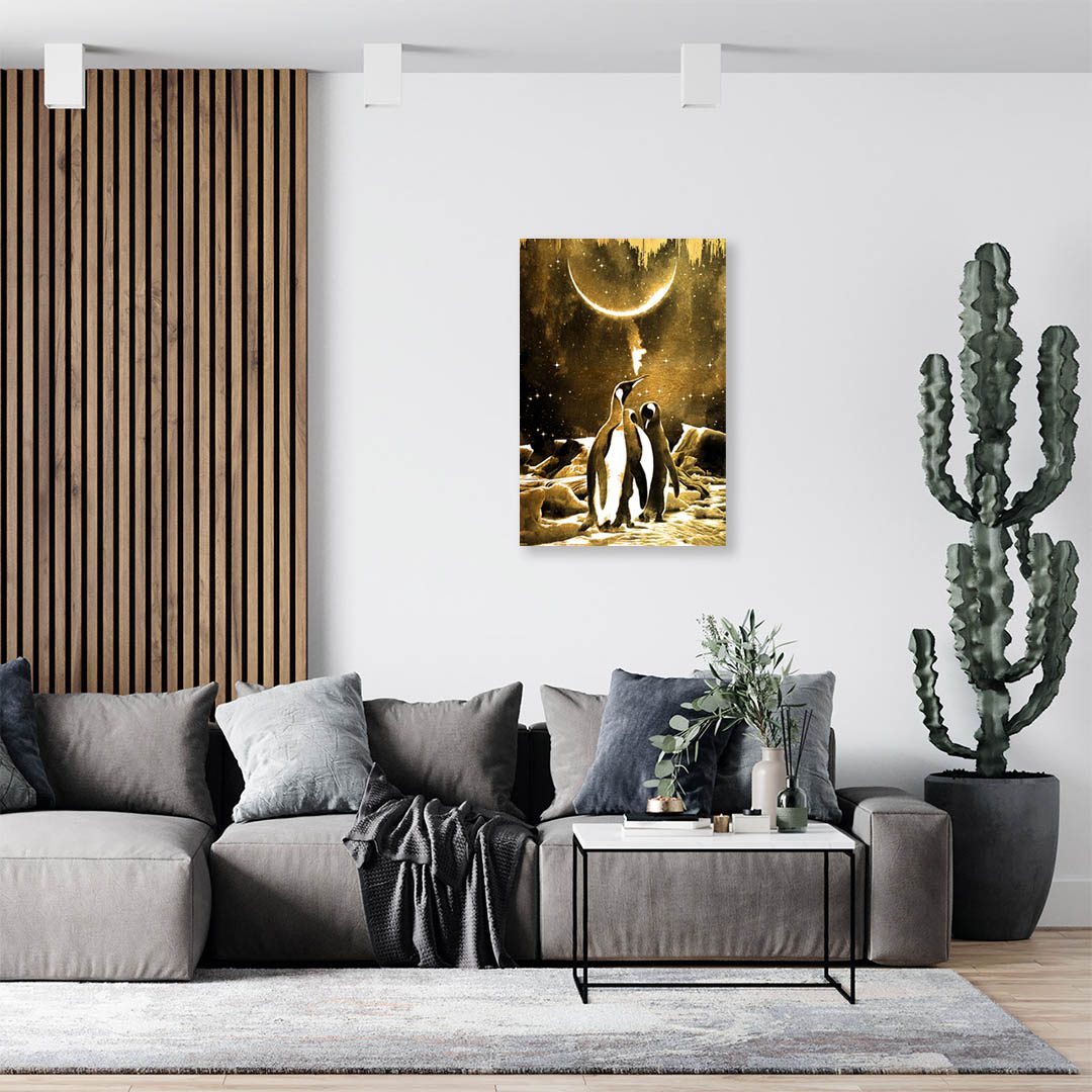 Cuadro Decorativo Pingüinos bajo la luna en Dorados 120 X 60