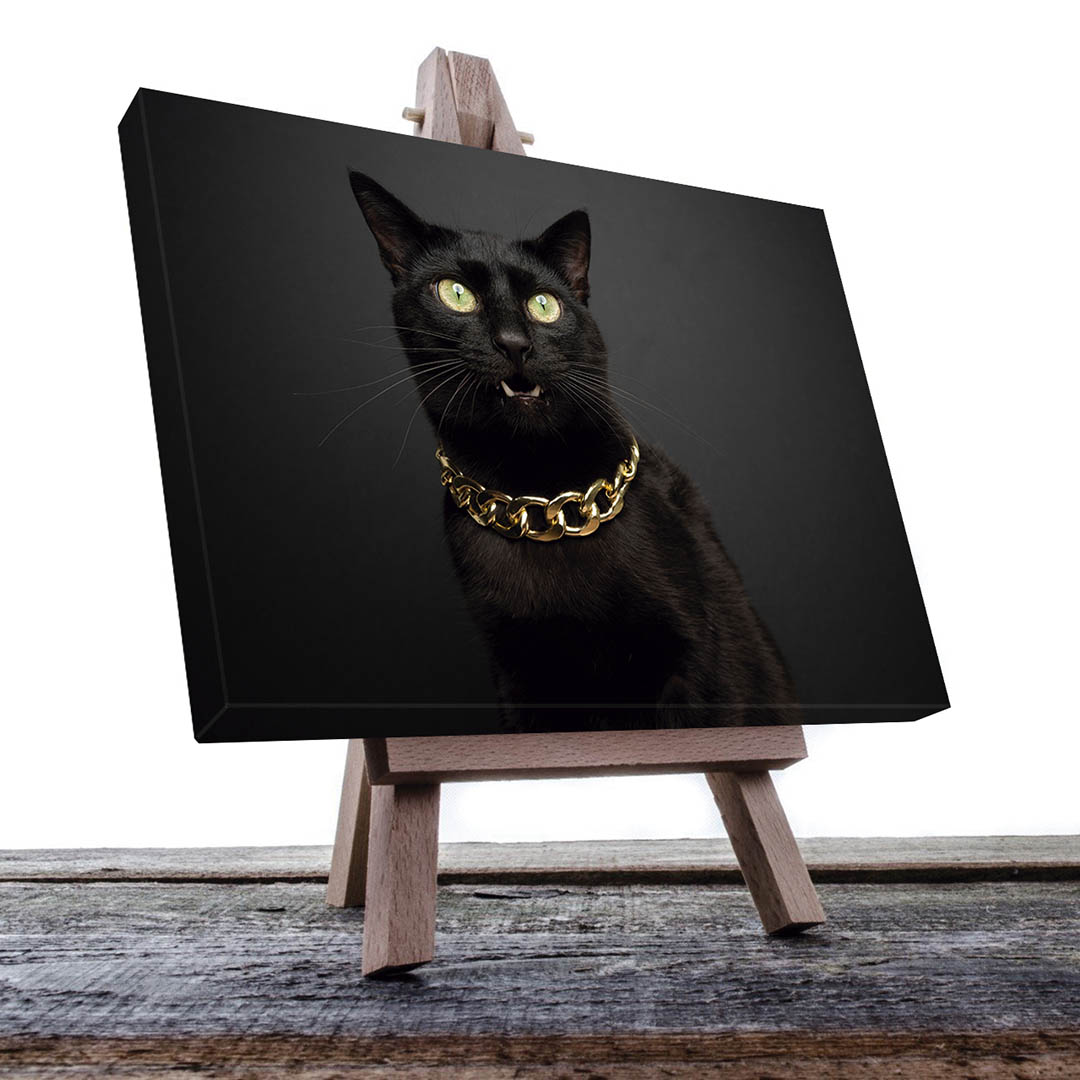 Cuadro Decorativo Gato Negro con collar dorado 120 X 60