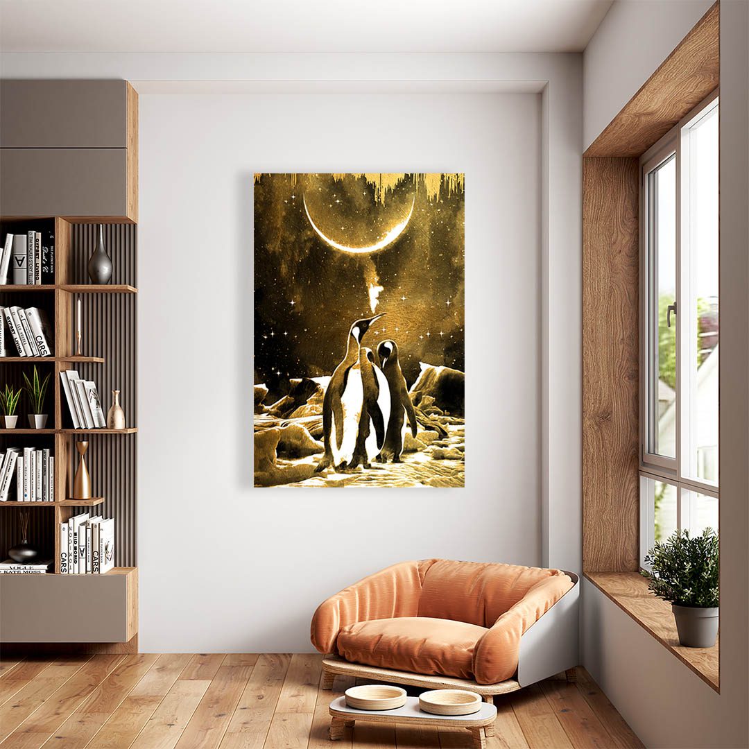 Cuadro Decorativo Pingüinos bajo la luna en Dorados 120 X 60