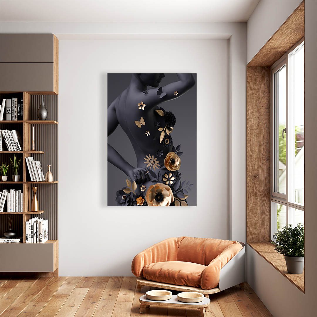 Cuadro Decorativo Mujer y Flores en Dorado Moderno #152 120 X 60