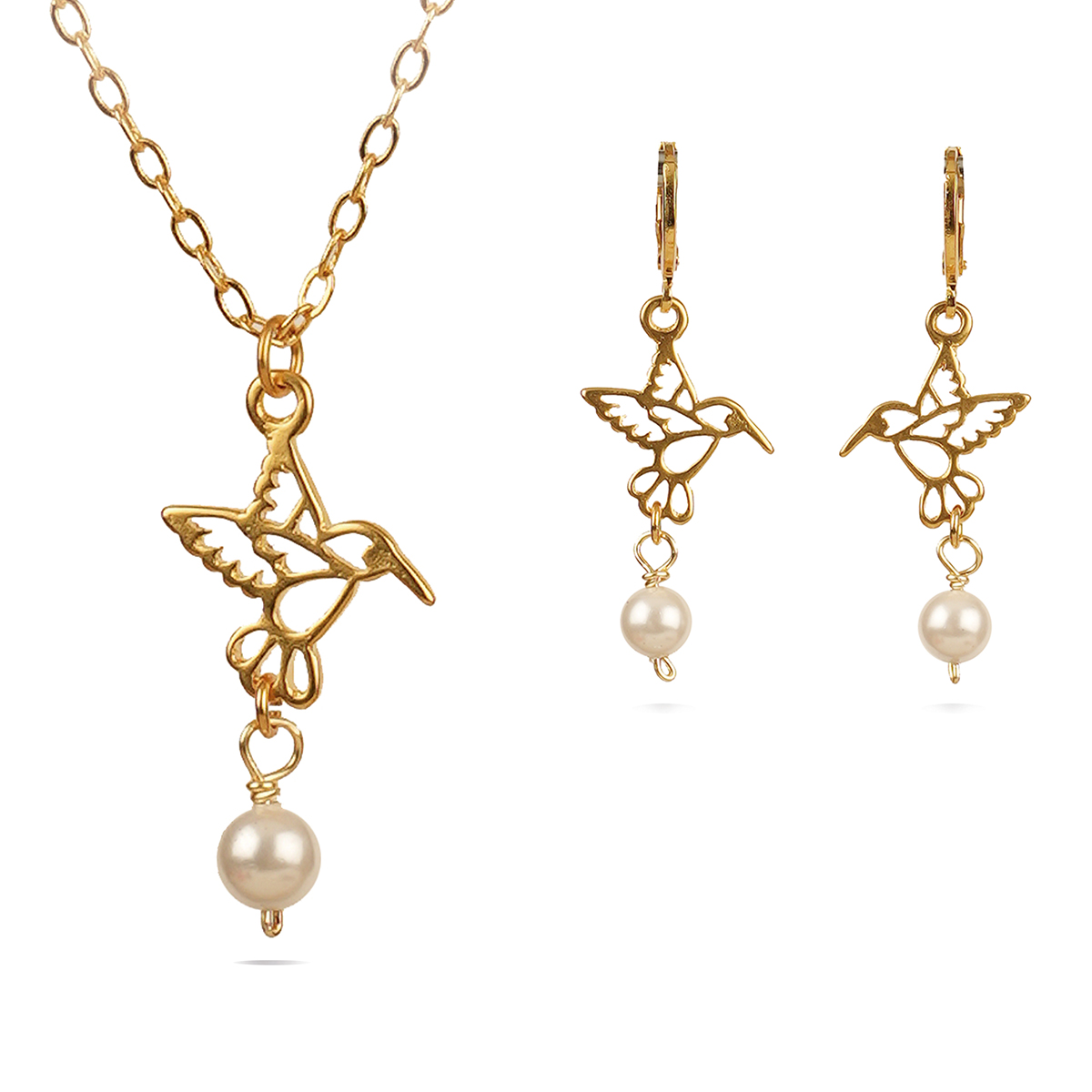 Collar y aretes colibrí dorado perla VANGANIA regalo mujer