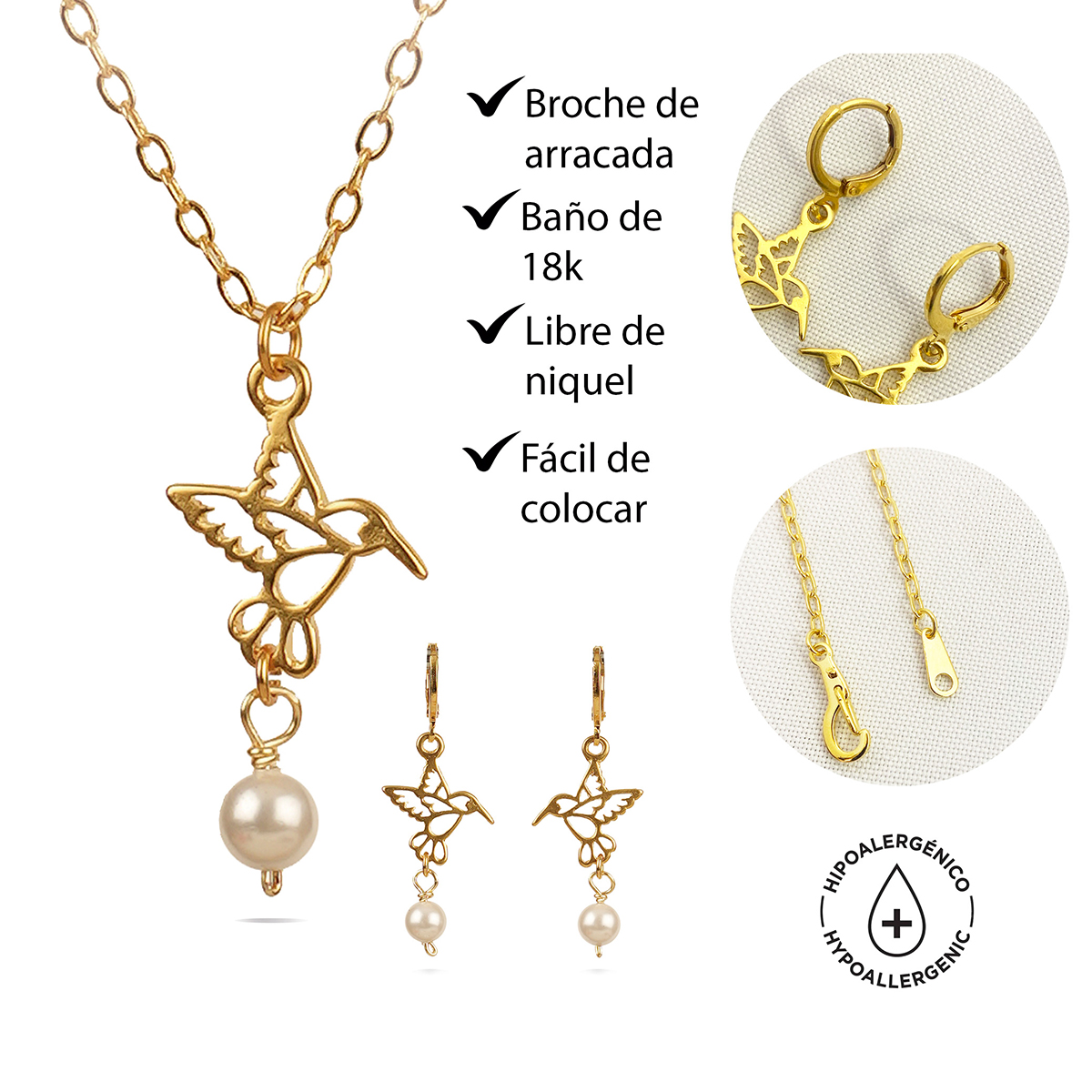 Collar y aretes colibrí dorado perla VANGANIA regalo mujer