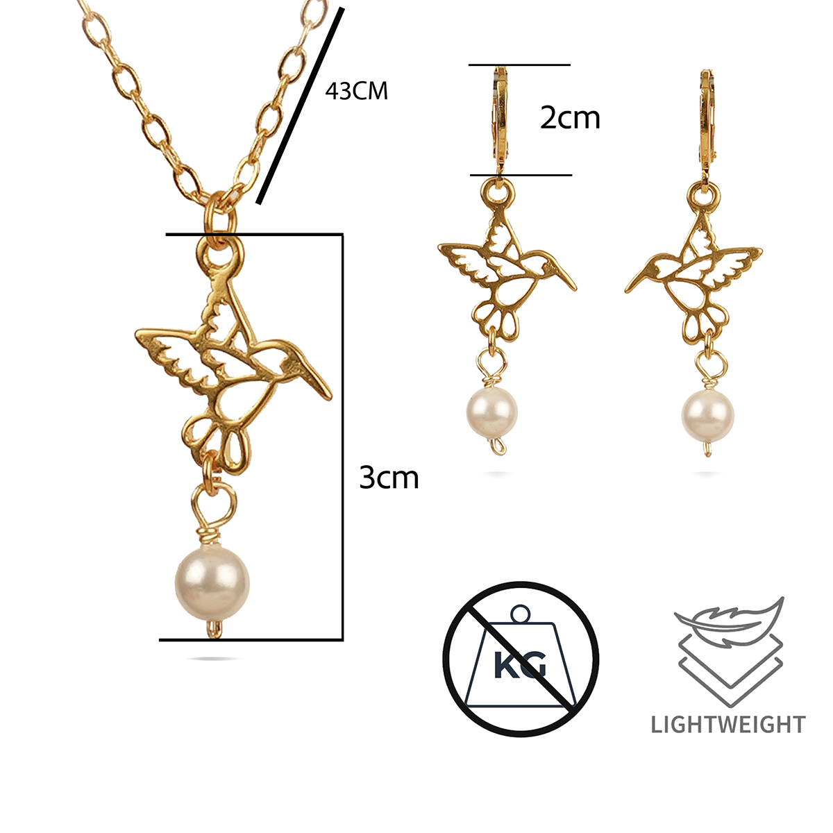 Collar y aretes colibrí dorado perla VANGANIA regalo mujer