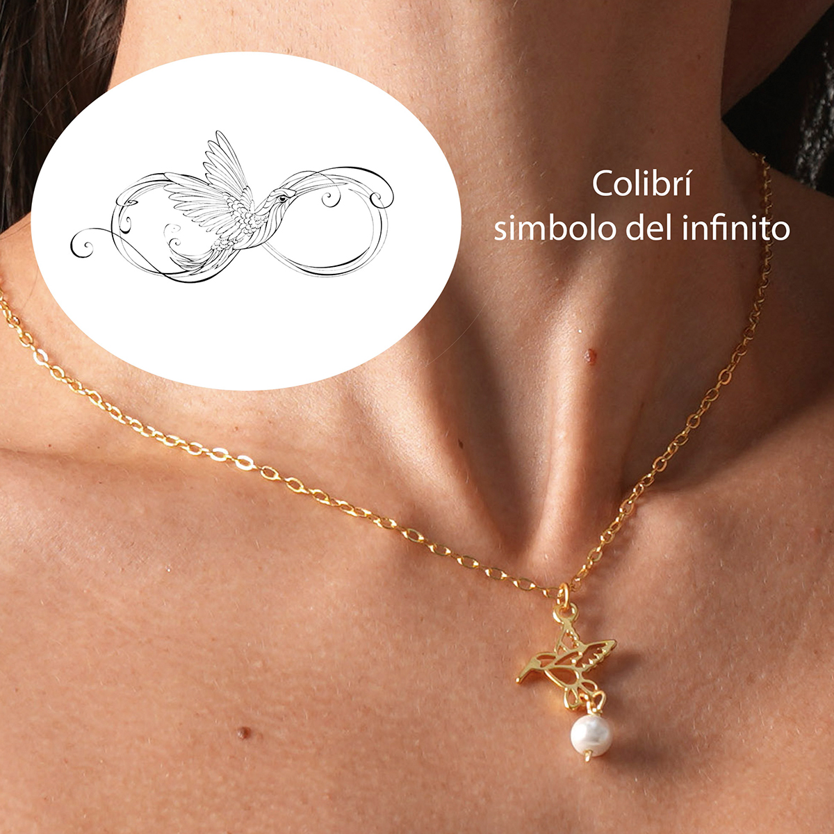 Collar y aretes colibrí dorado perla VANGANIA regalo mujer