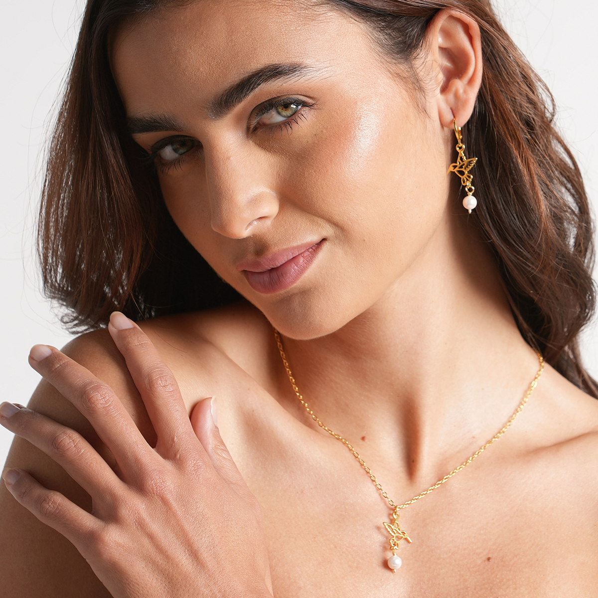 Collar y aretes colibrí dorado perla VANGANIA regalo mujer