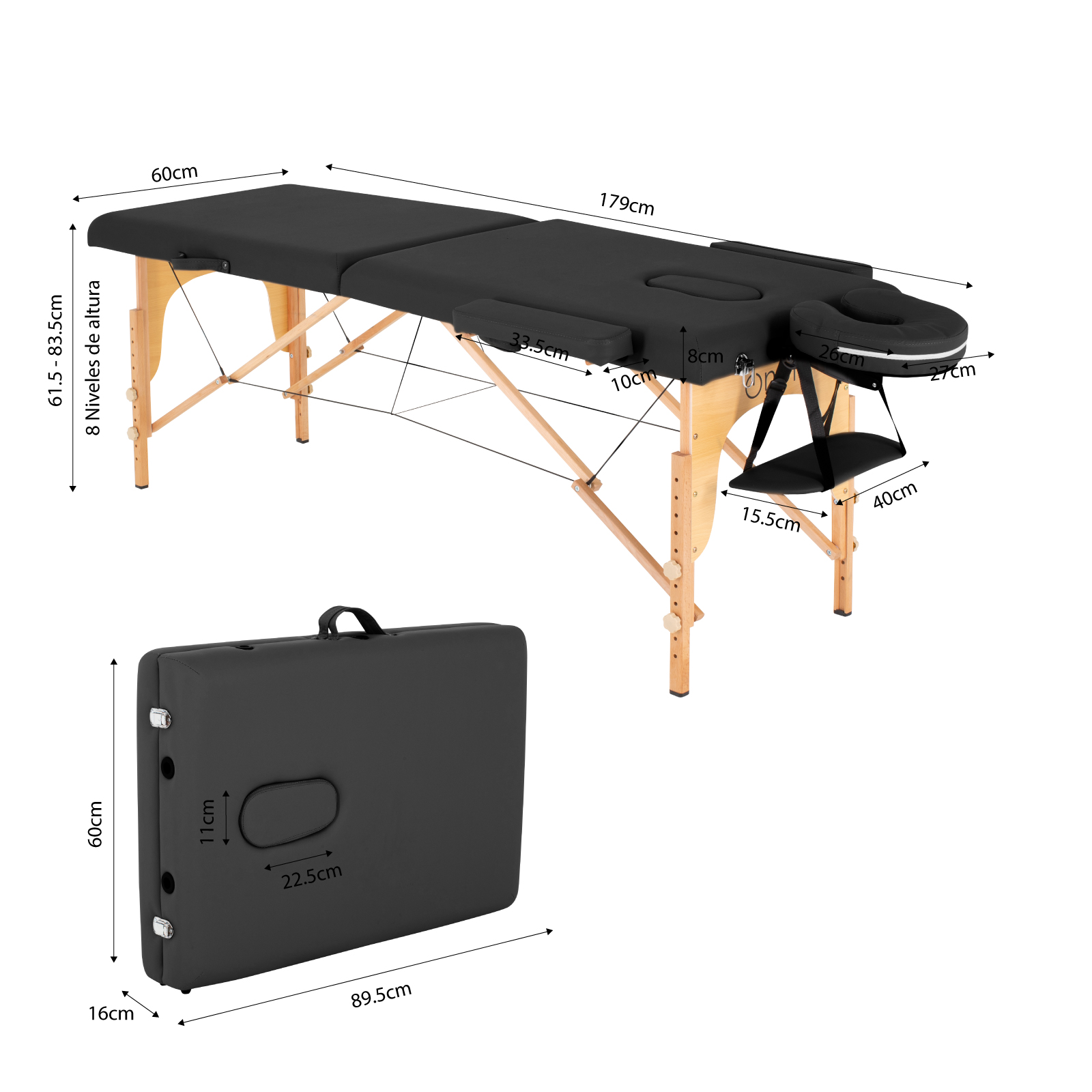 Cama De Masaje Portatil Onof Camilla Pestañas Profesional - Negro