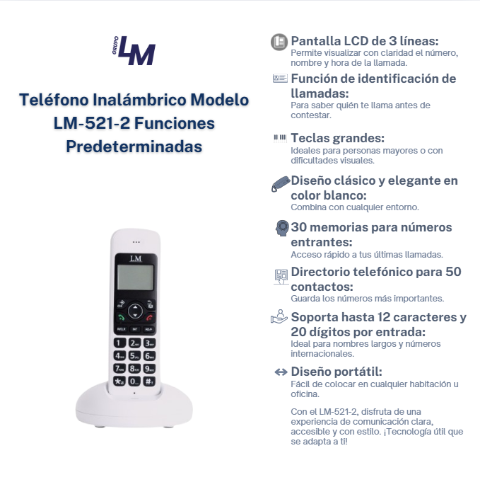  Teléfono Inalámbrico Fijo Moderno marca LM 521-2  Para Casa Oficina.