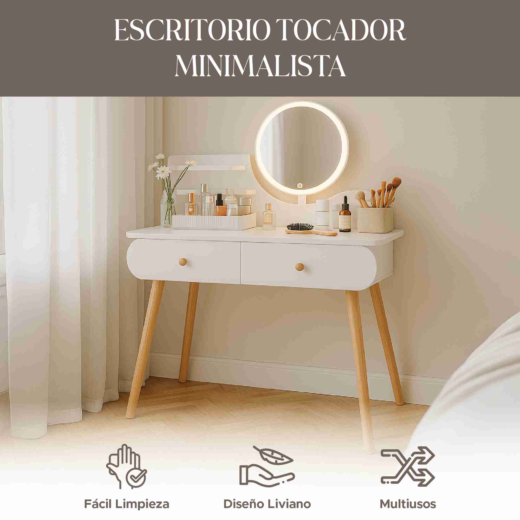 Buró Tocador Espejo Con Foco Minimalista Recámara Infantil