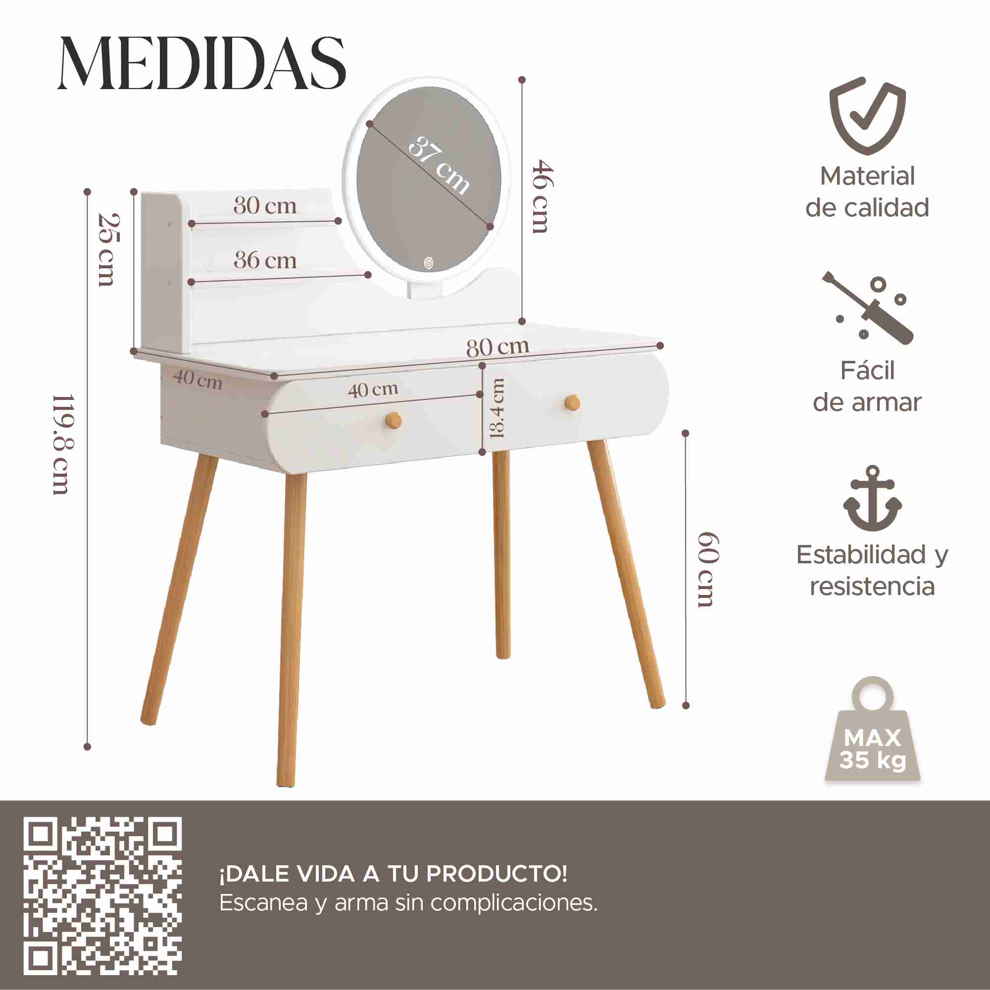 Buró Tocador Espejo Con Foco Minimalista Recámara Infantil