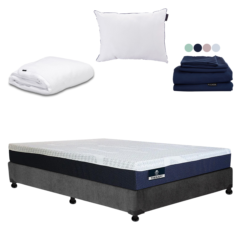 Colchón  Matrimonial Spring Air Therapy+Box Gris Carbón+Almohada One+Protector Cloud+Sábanas Softy