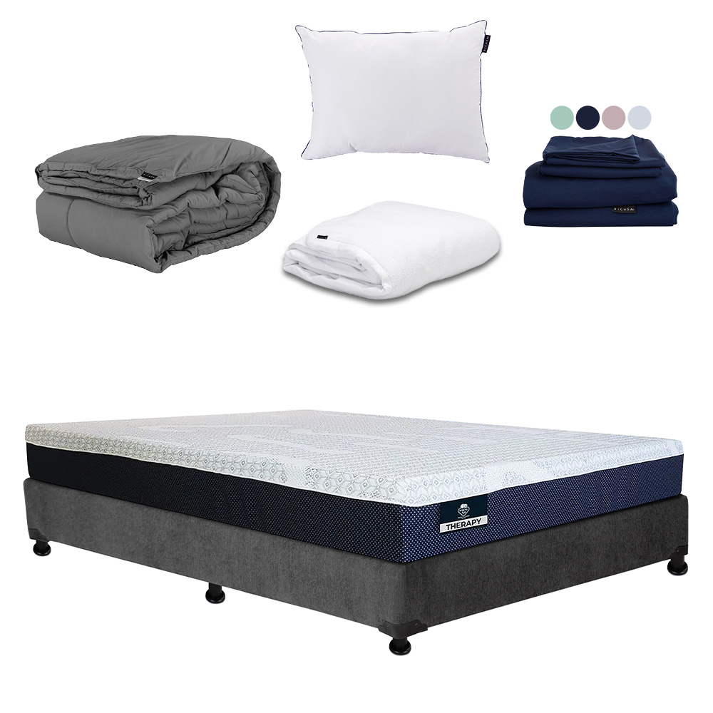 Colchón Matrimonial Spring Air Therapy+Box Gris Carbón+Almohada One+Protector Cloud+Sábanas Softy+Edredón Homy