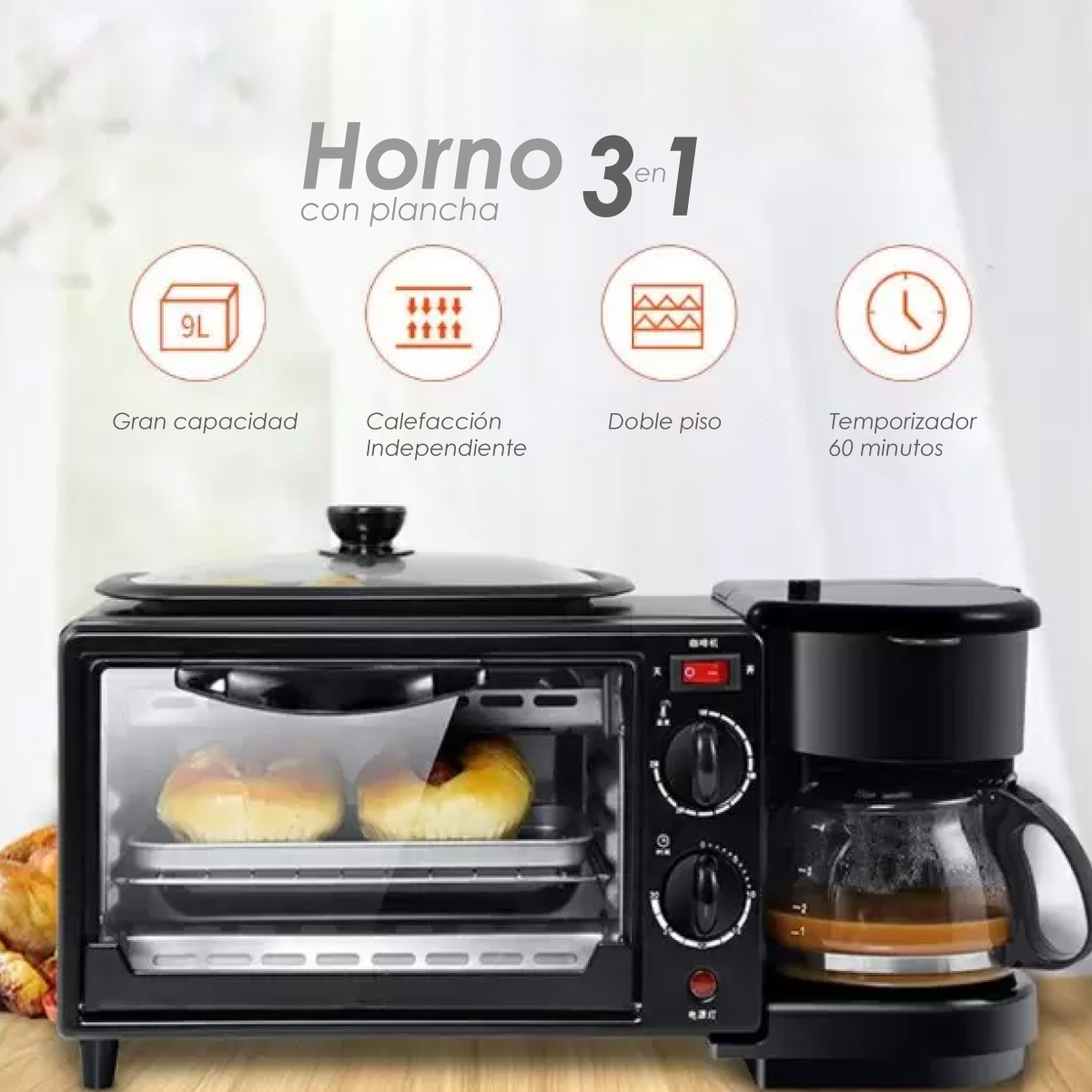 Ilios Innova | Horno 3 En 1 Maquina De Desayuno Sarten Cafetera Mini Horno