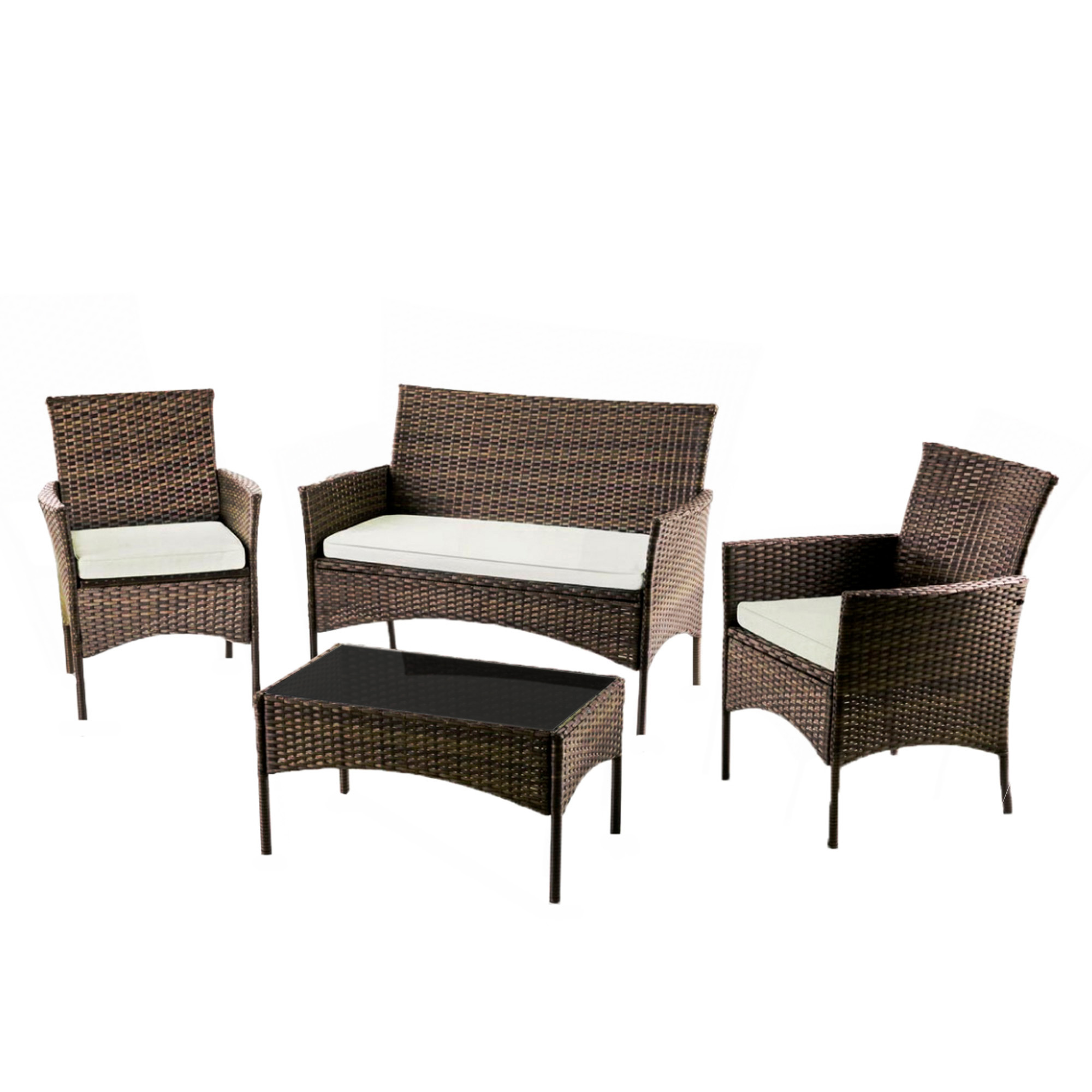 Ilios Innova I Juego de Sala para jardín de 4 piezas fabricado en Mimbre sintético, Set para exteriores 3 Sofás con Asiento Acolchado y Mesa de Vidrio (Café)