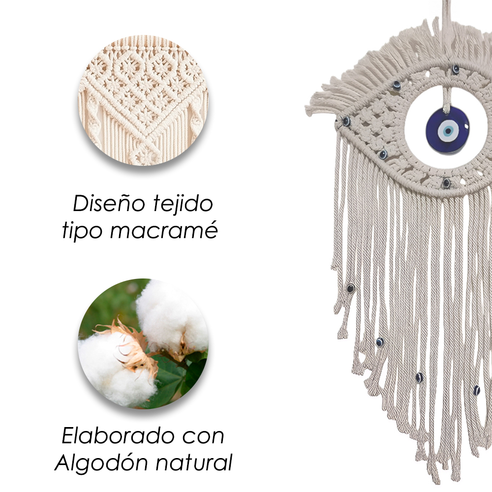 Ilios Innova | Colgante de Algodón Boho Ojo Turco Tejido a Mano, Decoración de Pared Beige con Azul, Amuleto para Hogar.