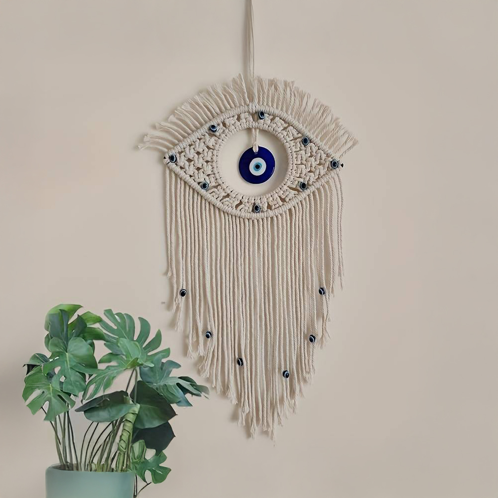 Ilios Innova | Colgante de Algodón Boho Ojo Turco Tejido a Mano, Decoración de Pared Beige con Azul, Amuleto para Hogar.