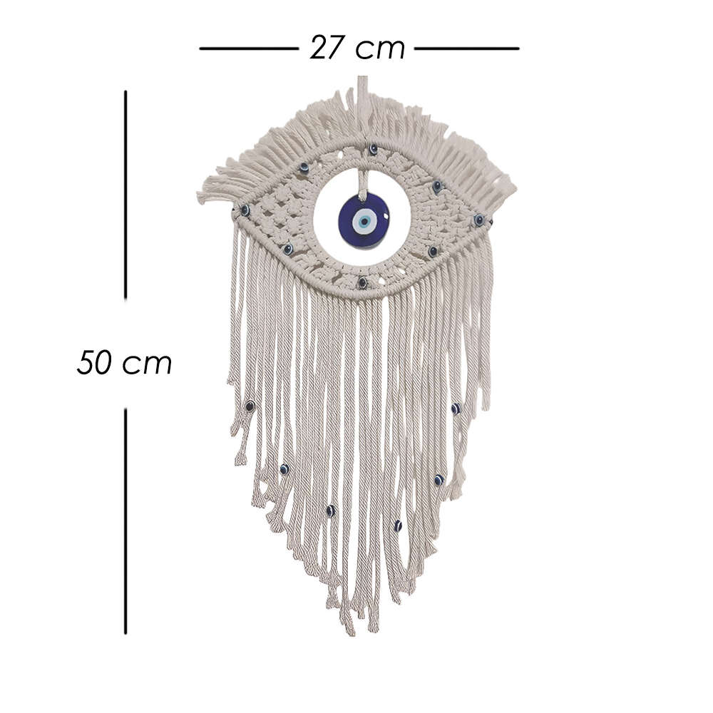 Ilios Innova | Colgante de Algodón Boho Ojo Turco Tejido a Mano, Decoración de Pared Beige con Azul, Amuleto para Hogar.