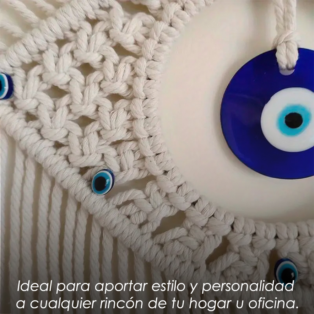 Ilios Innova | Colgante de Algodón Boho Ojo Turco Tejido a Mano, Decoración de Pared Beige con Azul, Amuleto para Hogar.