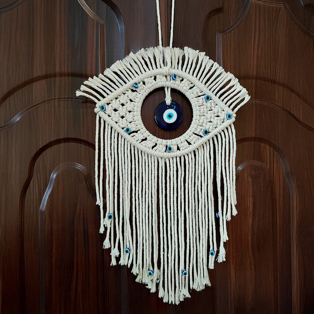 Ilios Innova | Colgante de Algodón Boho Ojo Turco Tejido a Mano, Decoración de Pared Beige con Azul, Amuleto para Hogar.