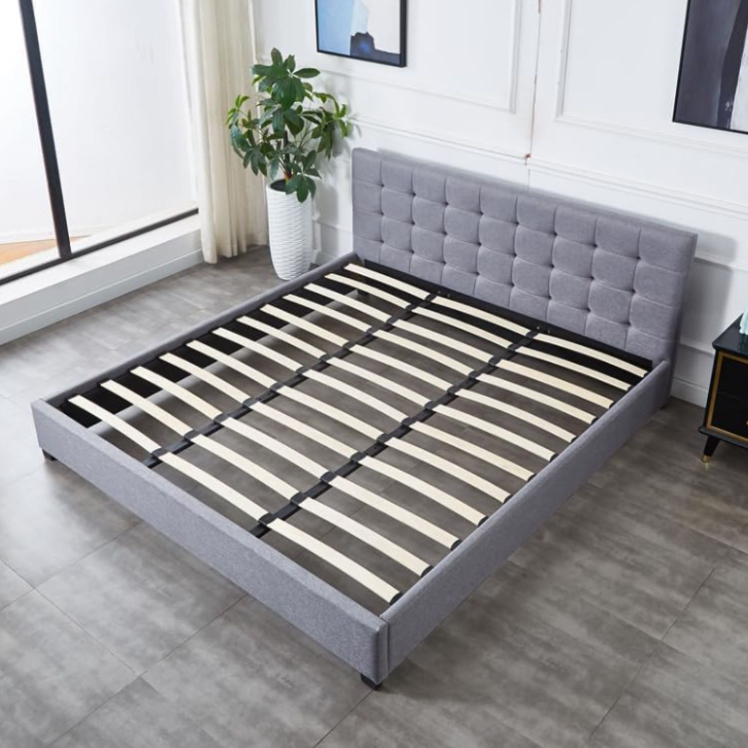 Ilios Innova | Base para Cama Fabricada en Madera tamaño Matrimonial con cabecera tapizada en Lino | 