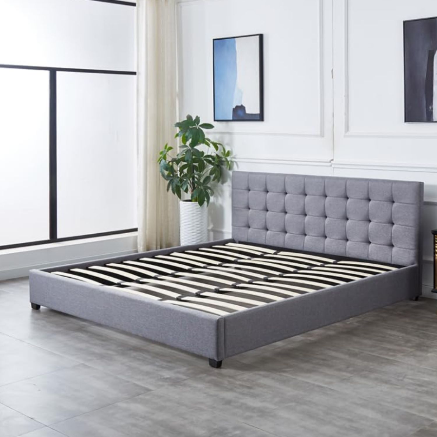 Ilios Innova | Base para Cama Fabricada en Madera tamaño Matrimonial con cabecera tapizada en Lino | 