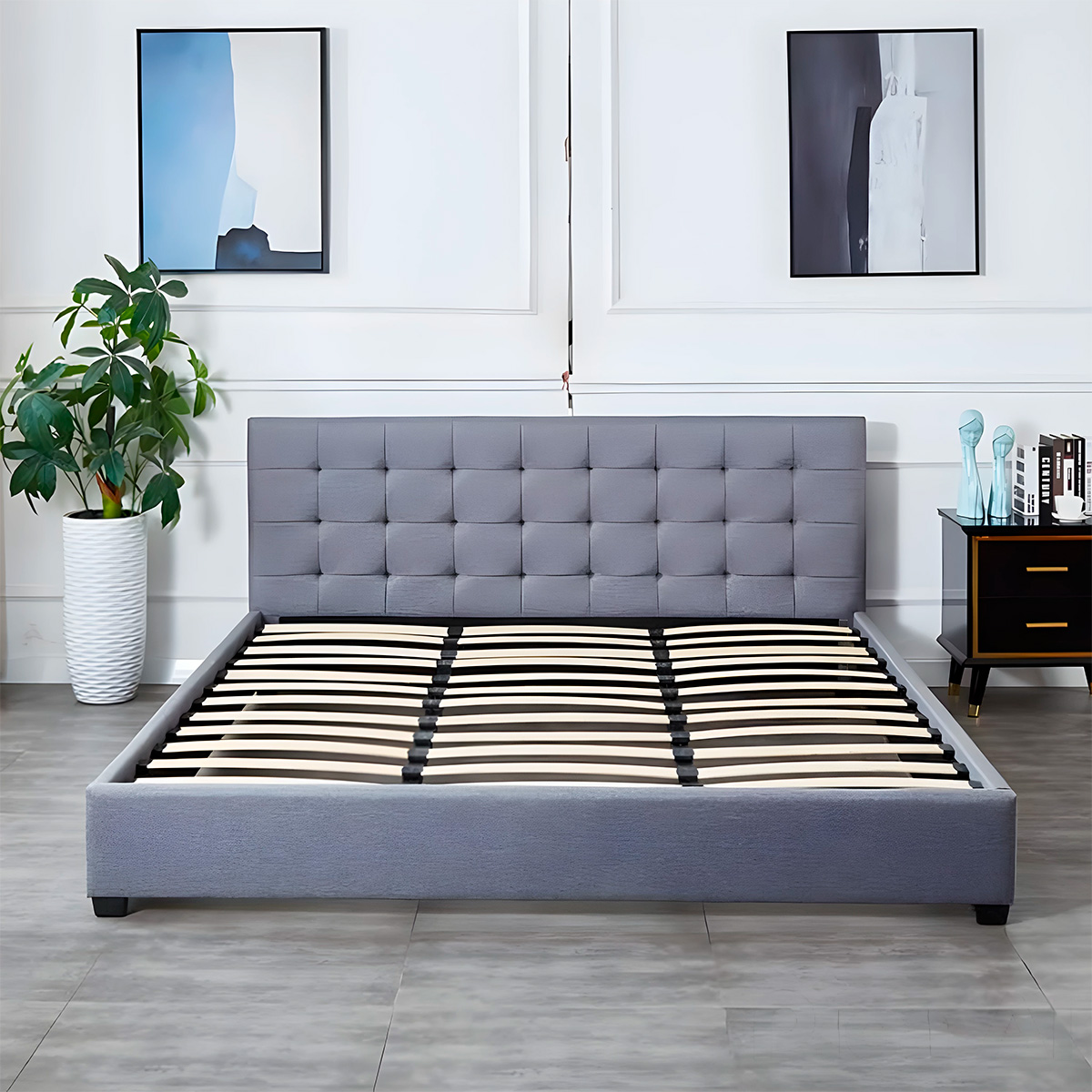 Ilios Innova | Base para Cama Fabricada en Madera tamaño Matrimonial con cabecera tapizada en Lino | 