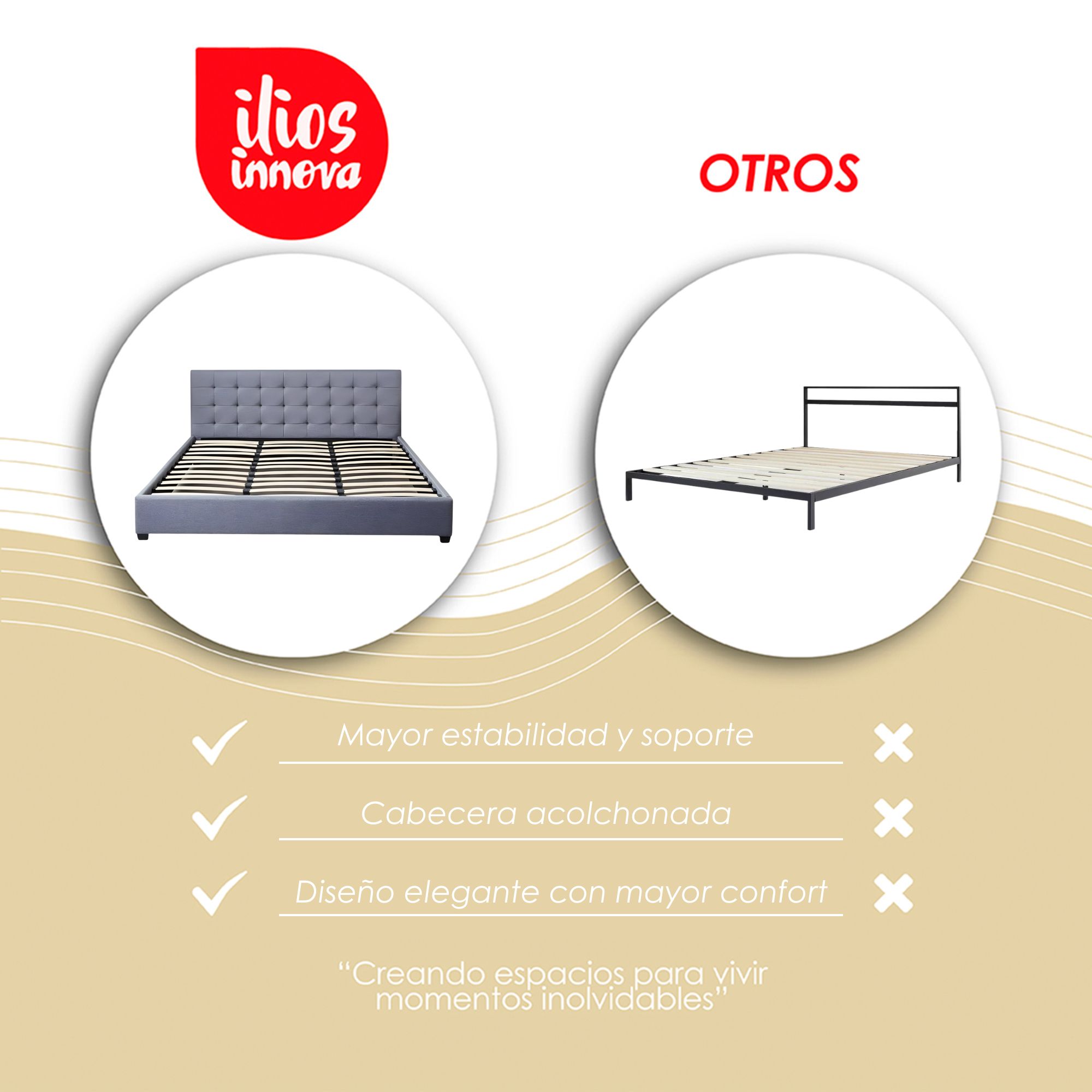Ilios Innova | Base para Cama Fabricada en Madera tamaño Matrimonial con cabecera tapizada en Lino | 